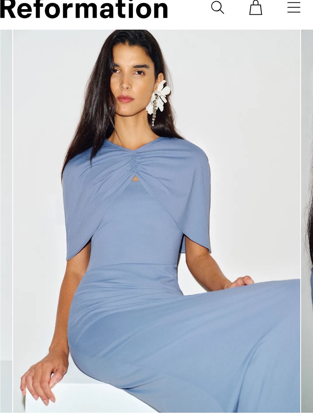 Reformation Dusty Blue Ruched Cape Maxi Dress